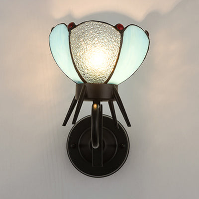 BowLift | Petal Wall Lamp Light Blue Glass 1 Light Tiffany Wall Mount Light in Black Finish for Bedroom Bedside