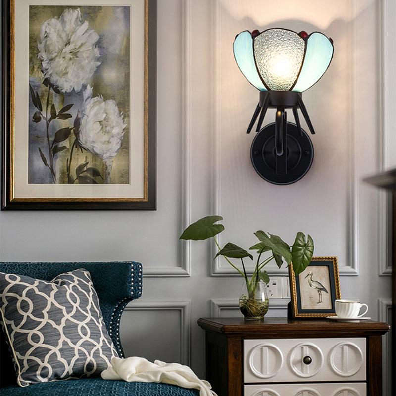 BowLift | Petal Wall Lamp Light Blue Glass 1 Light Tiffany Wall Mount Light in Black Finish for Bedroom Bedside