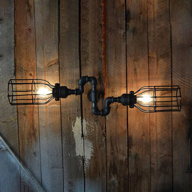 BowLift | Black Wire Frame Wall Light with Pipe Rustic Metal 2 Lights Restaurant Wall Light Light