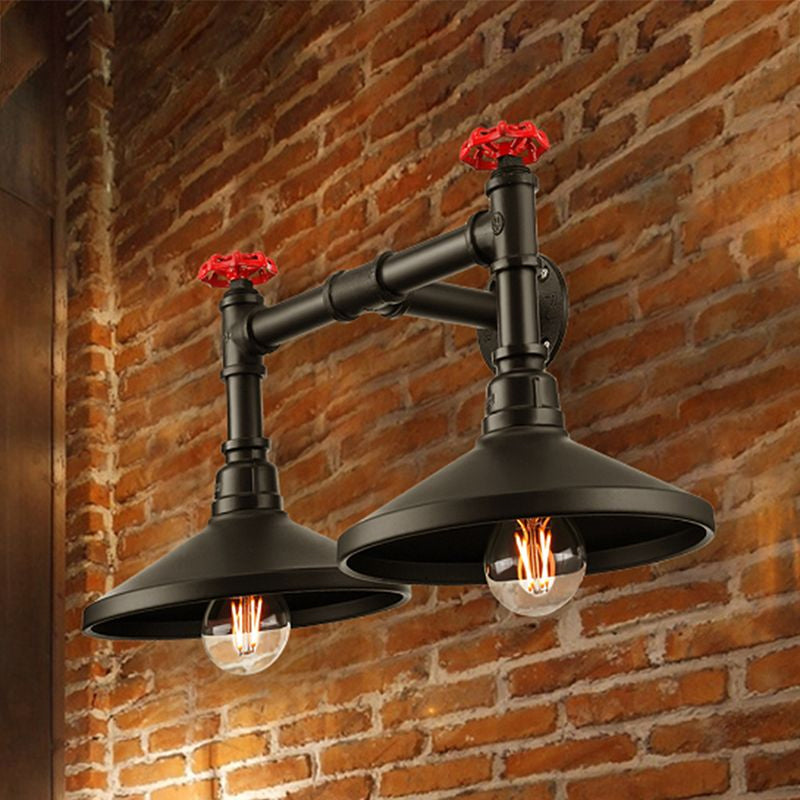 BowLift | Industrial Cone Wall Lamp with Raw Valve 2 Heads Metal Wall Light in Black for Hallway