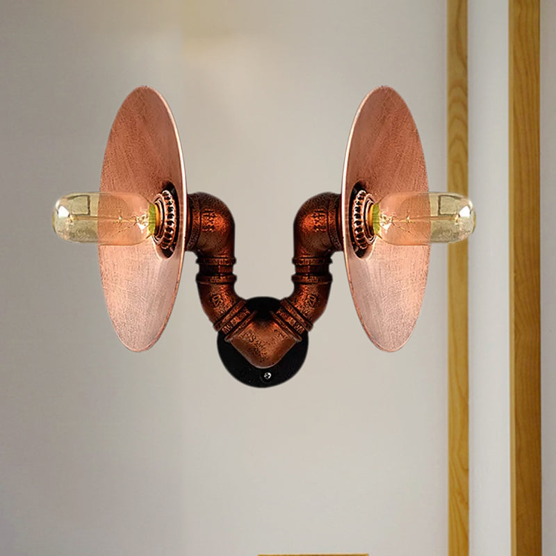 BowLift | Dark Rust Round Wall Light Rustic Style Wrought Iron 2 Bulbs Bedroom Wall Mounted Light with Pipe