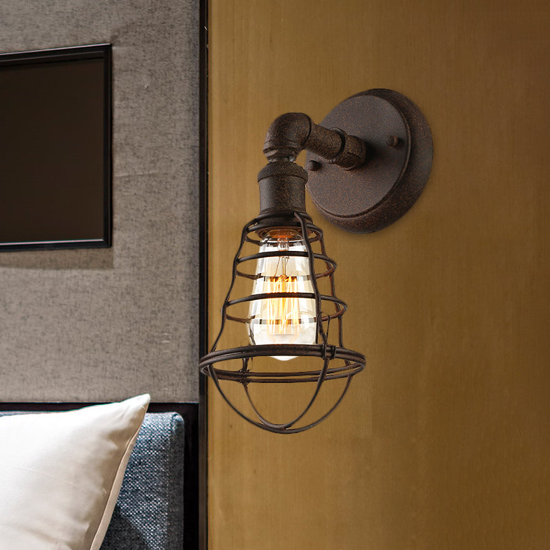 BowLift | Wire Frame Iron Wall Lamp with Pipe Farmhouse 1 Head Dining Room Mini Wall Lamp in Rust