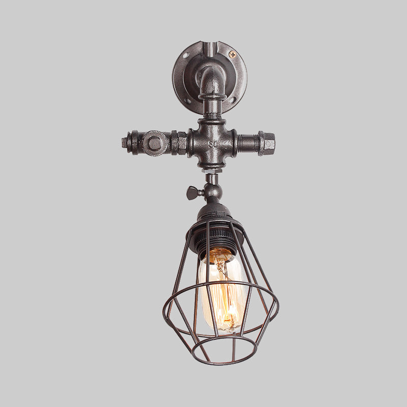 BowLift | Diamond Cage Iron Wall Mount Light with Pipe Design Industrial Style 1 Bulb Bedroom Wall Lighting in Antique Brass/Silver