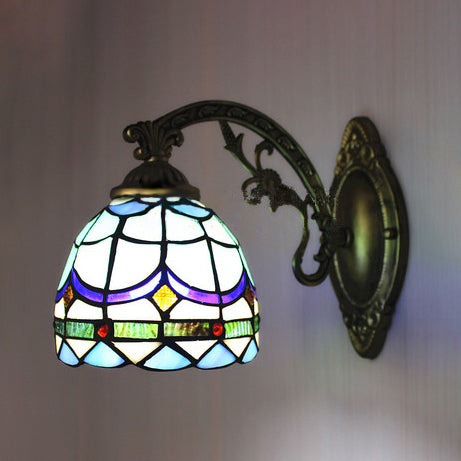 BowLift | Stained Glass Dome Wall Lamp with Engraved Arm 1 Light Tiffany Traditional Wall Lamp in Blue