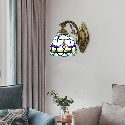 BowLift | Stained Glass Dome Wall Lamp with Engraved Arm 1 Light Tiffany Traditional Wall Lamp in Blue