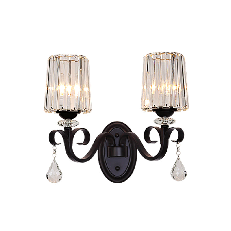 BowLift | 1/2-Light Clear Prism Crystal Wall Light Modern Black Cylinder Living Room Wall Mount Lamp