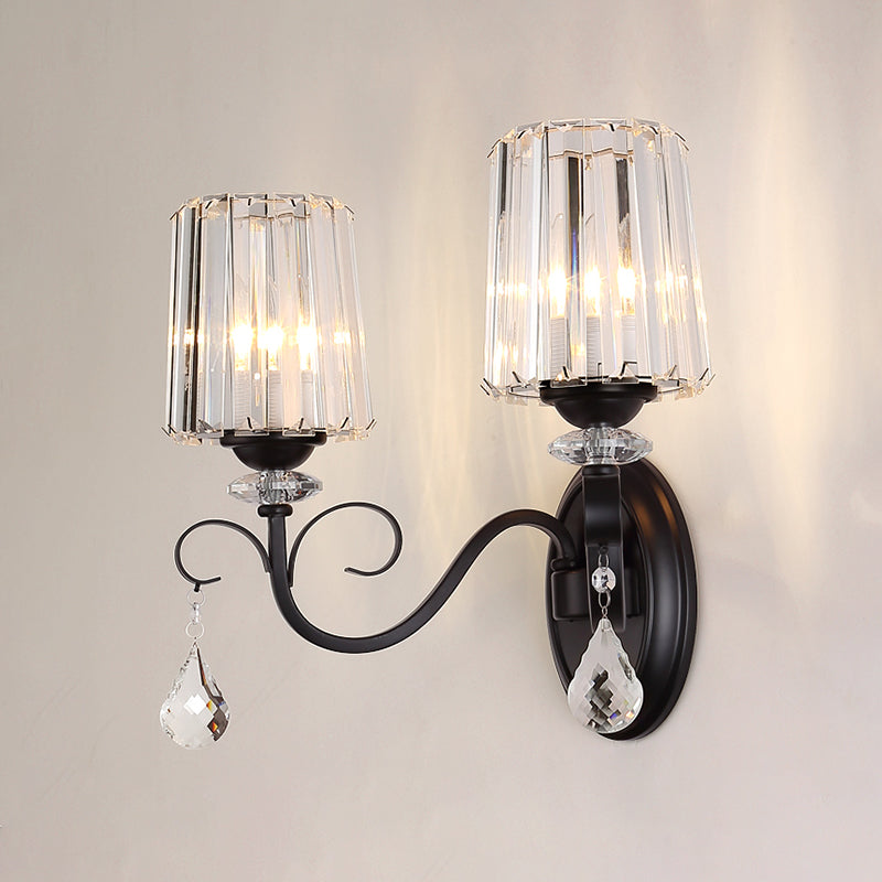 BowLift | 1/2-Light Clear Prism Crystal Wall Light Modern Black Cylinder Living Room Wall Mount Lamp