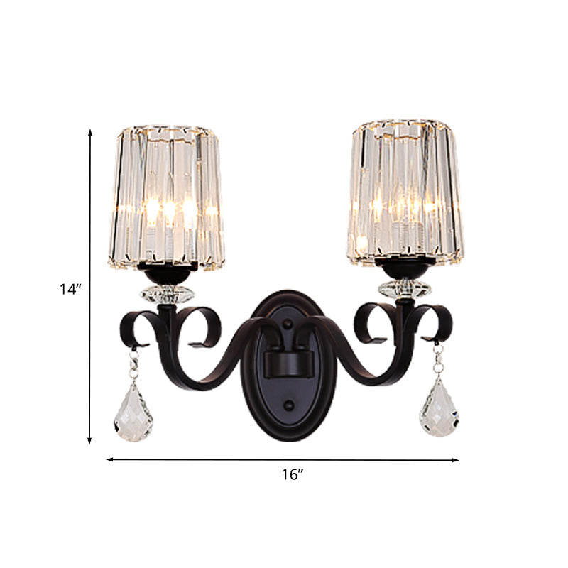 BowLift | 1/2-Light Clear Prism Crystal Wall Light Modern Black Cylinder Living Room Wall Mount Lamp