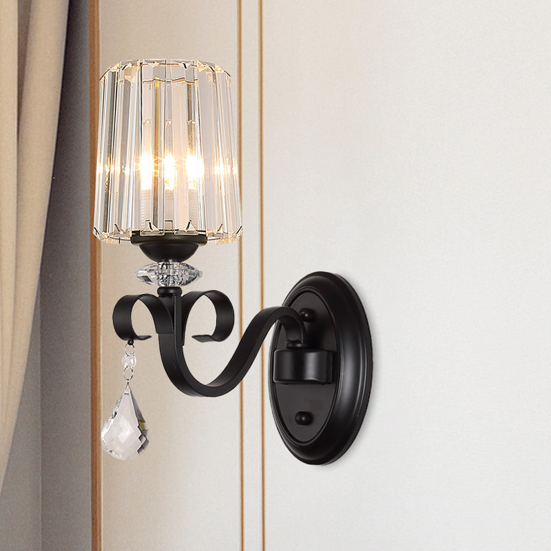 BowLift | 1/2-Light Clear Prism Crystal Wall Light Modern Black Cylinder Living Room Wall Mount Lamp