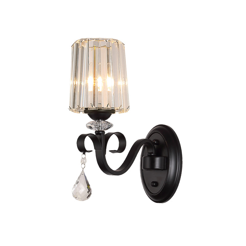 BowLift | 1/2-Light Clear Prism Crystal Wall Light Modern Black Cylinder Living Room Wall Mount Lamp