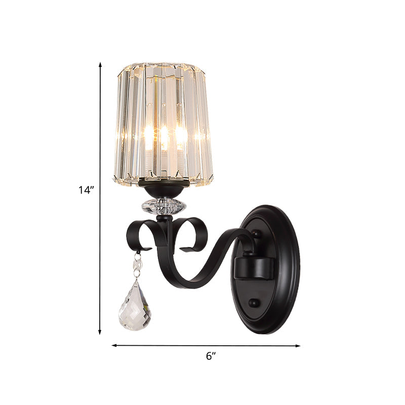 BowLift | 1/2-Light Clear Prism Crystal Wall Light Modern Black Cylinder Living Room Wall Mount Lamp