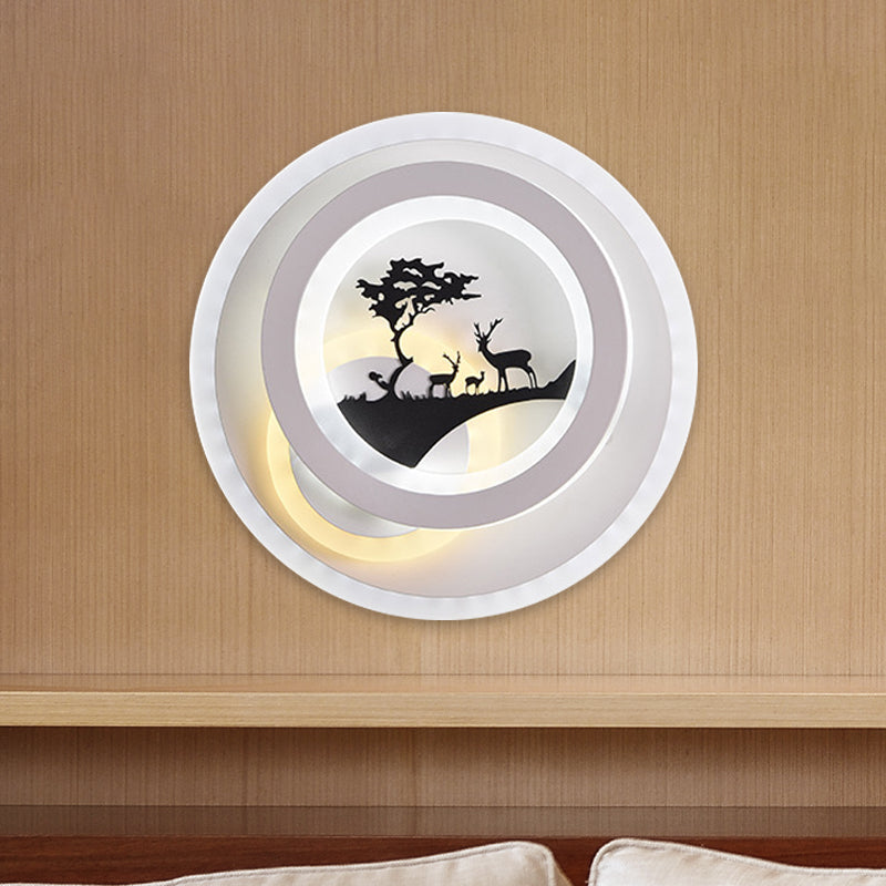 BowLift | White circular wall lighting idea simplicity LED acrylic wall lamp with tree and moose decoration for bedroom
