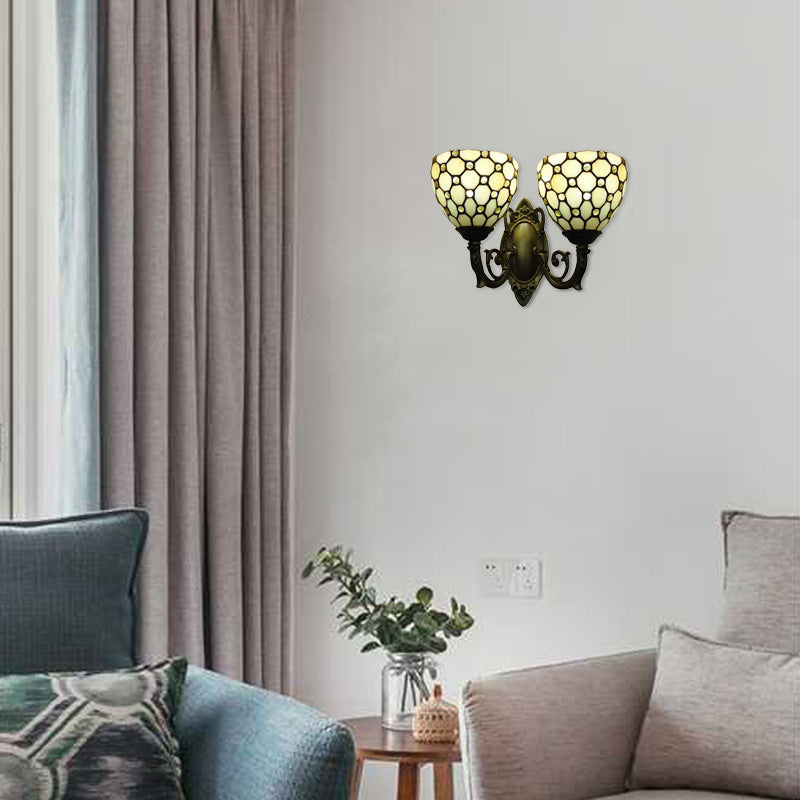 BowLift | Restaurant Grid Shade Sconce Light Glass 2 Cups Tiffany Vintage Beige Wall Lamp in Beige