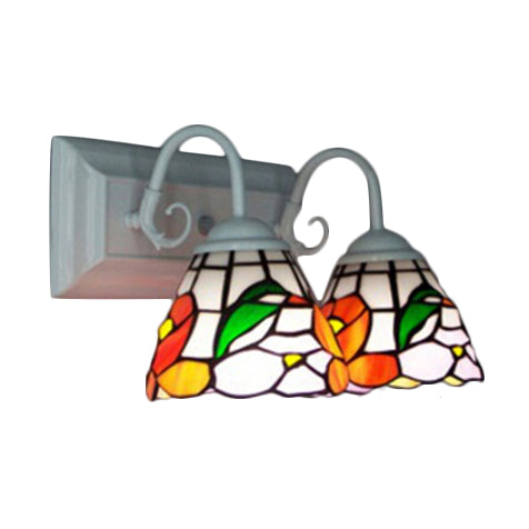 BowLift | Stained Glass Peony Wall Lighting Tiffany 2 Heads Orange Wall Lamp with Curved Arm