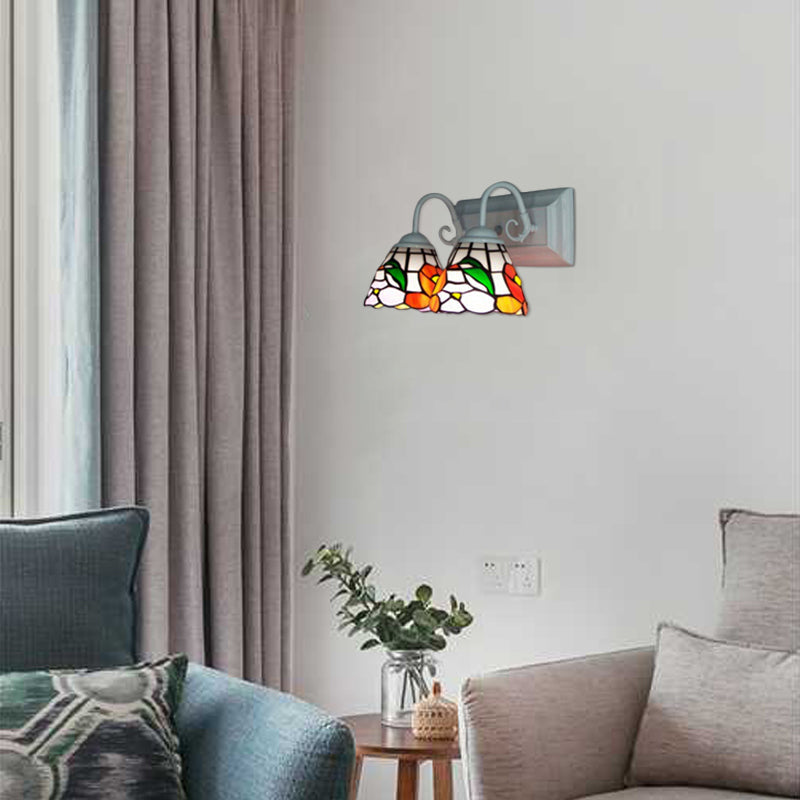 BowLift | Stained Glass Peony Wall Lighting Tiffany 2 Heads Orange Wall Lamp with Curved Arm
