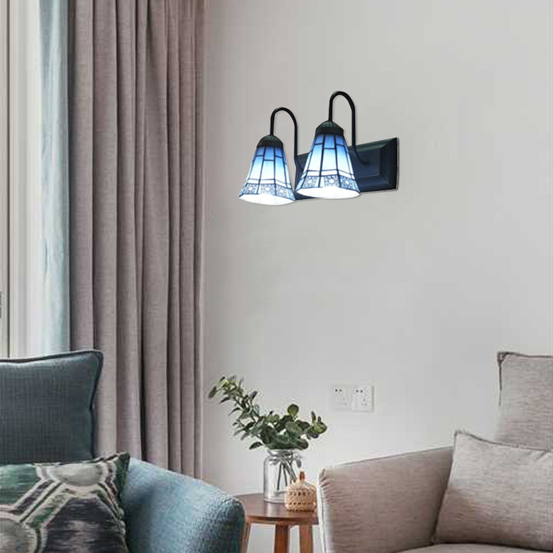 BowLift | 2 Head Living Room Wall Mounted Light Tiffany Black Wall Lamp with Extended Blue Glass Shade