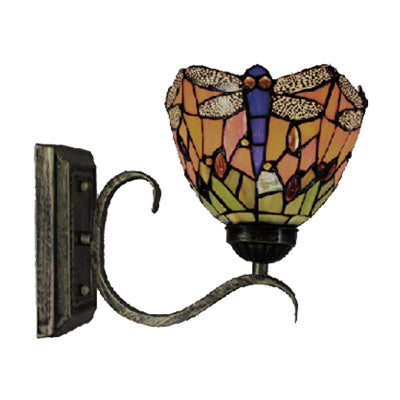 BowLift | 1 Light Dragonfly Wall Lamp Rustic Tiffany Outdoor Lighting in Orange for Library