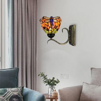 BowLift | 1 Light Dragonfly Wall Lamp Rustic Tiffany Outdoor Lighting in Orange for Library
