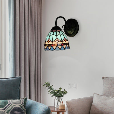 BowLift | Stained Glass Dome Wall Lamp 1 Light Mediterranean Style Wall Lamp in Blue for Staircase