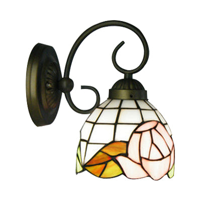 BowLift | 1 Head Wall Light Victorian Dome Stained Glass Wall Light with Pink Rose Pattern