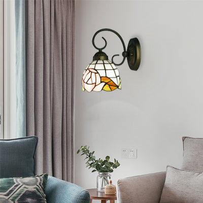 BowLift | 1 Head Wall Light Victorian Dome Stained Glass Wall Light with Pink Rose Pattern