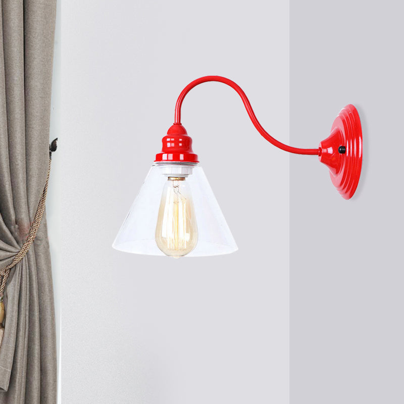 BowLift | A bulb wall lamp with a cone shade made of clear glass, industrial bedroom wall light in red