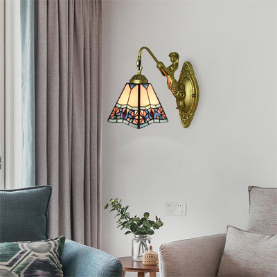 BowLift | Beige Glass Trapeze Sconce Light Fixture Tiffany 1 Head Wall Mounted Light for Living Room