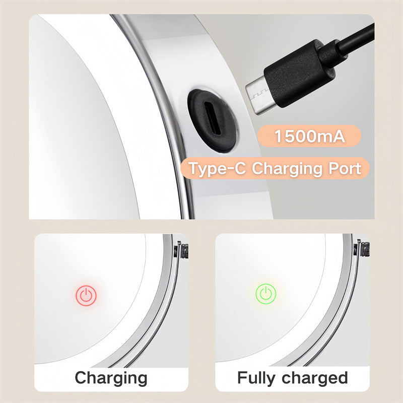 BowLift | Rechargeable Wall Mounted Shaving Mirror | 360° Rotation. 1X/10X Magnification & Adjustable LED Lighting for Bathroom Use