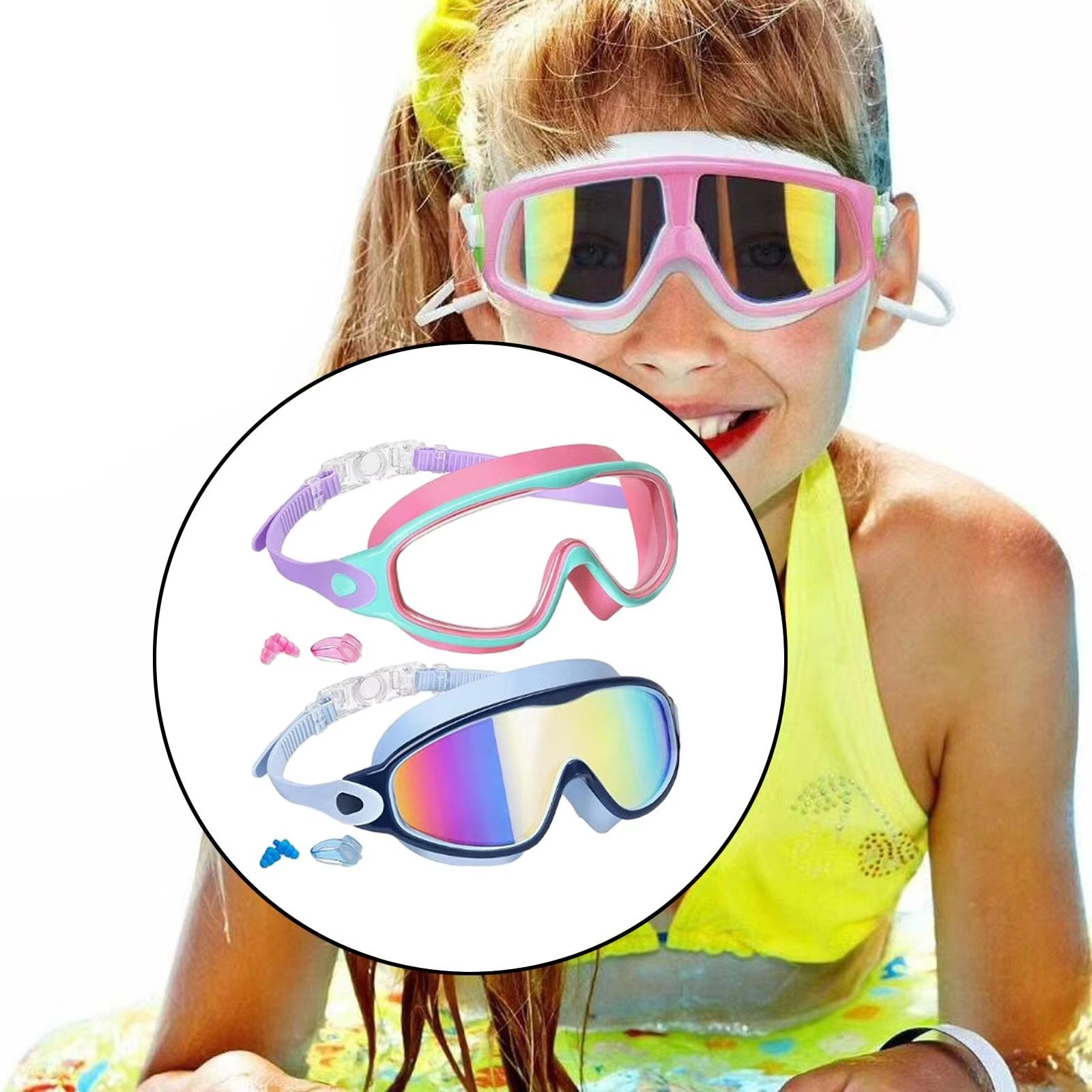 BowLift | Swimming Goggles - No-Leak Panoramic View Swim Mask for Kids with Nose Clips & Earplugs