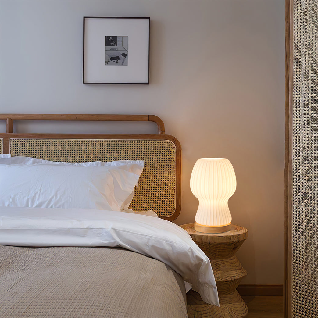 BowLift | GlowBeam – Folded Glass Table Lamp with Wooden Accent