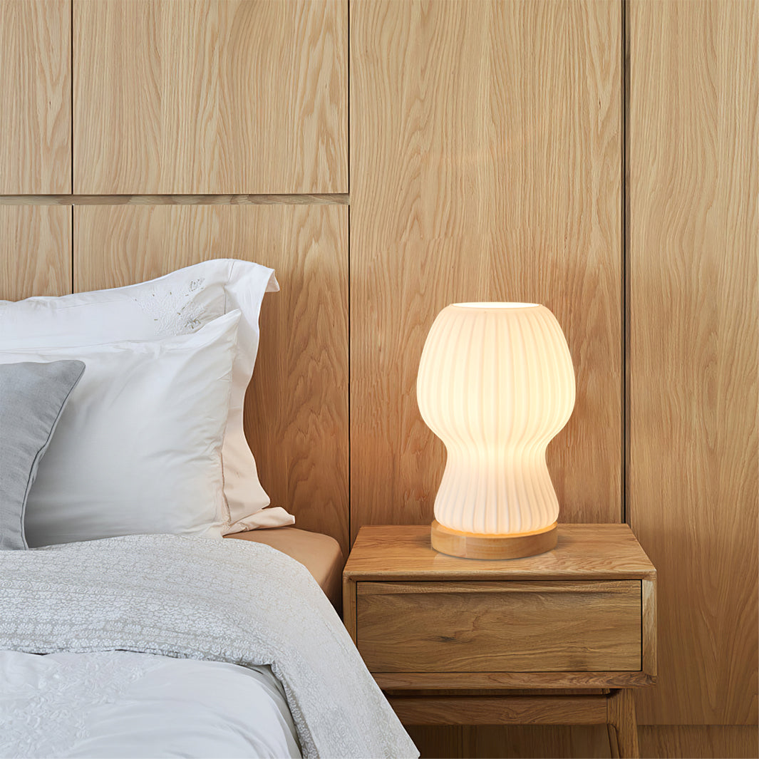 BowLift | GlowBeam – Folded Glass Table Lamp with Wooden Accent