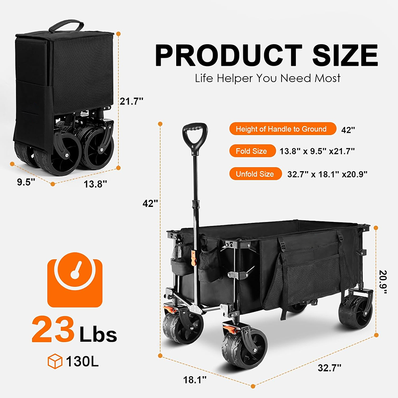 BowLift | 130L foldable four-wheel cart, beach cart with large wheels, practical grocery cart with side bags and brakes, suitable for camping sports outdoor activities