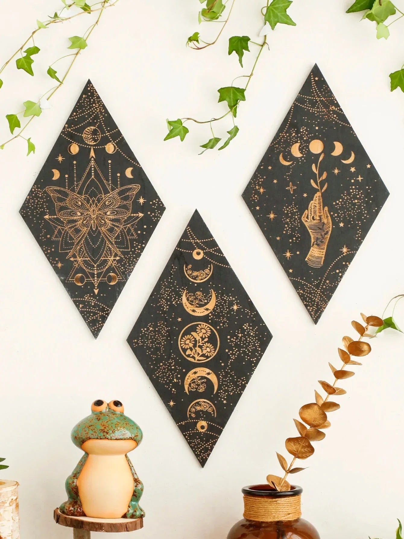BowLift | Black Moon Phases Wooden Wall Decoration Rhombus Wall Art Boho Home Decor Witch Tapestry Decoration Room Decor Aesthetic Gift
