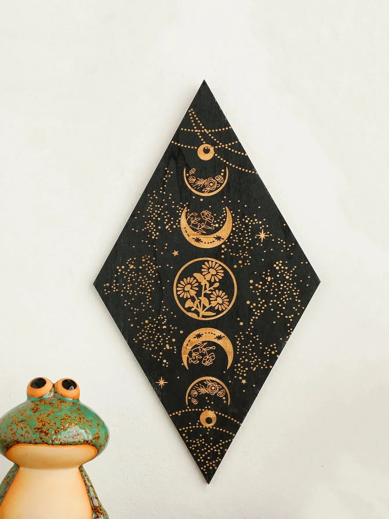 BowLift | Black Moon Phases Wooden Wall Decoration Rhombus Wall Art Boho Home Decor Witch Tapestry Decoration Room Decor Aesthetic Gift