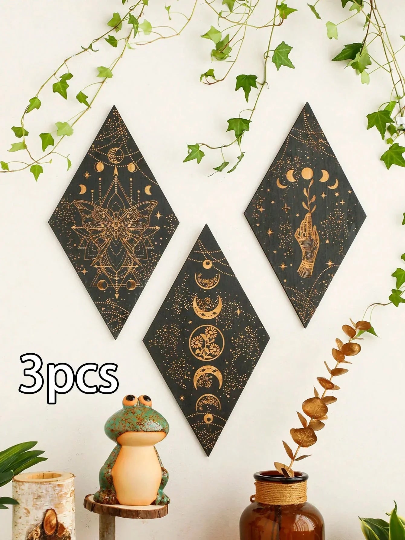 BowLift | Black Moon Phases Wooden Wall Decoration Rhombus Wall Art Boho Home Decor Witch Tapestry Decoration Room Decor Aesthetic Gift
