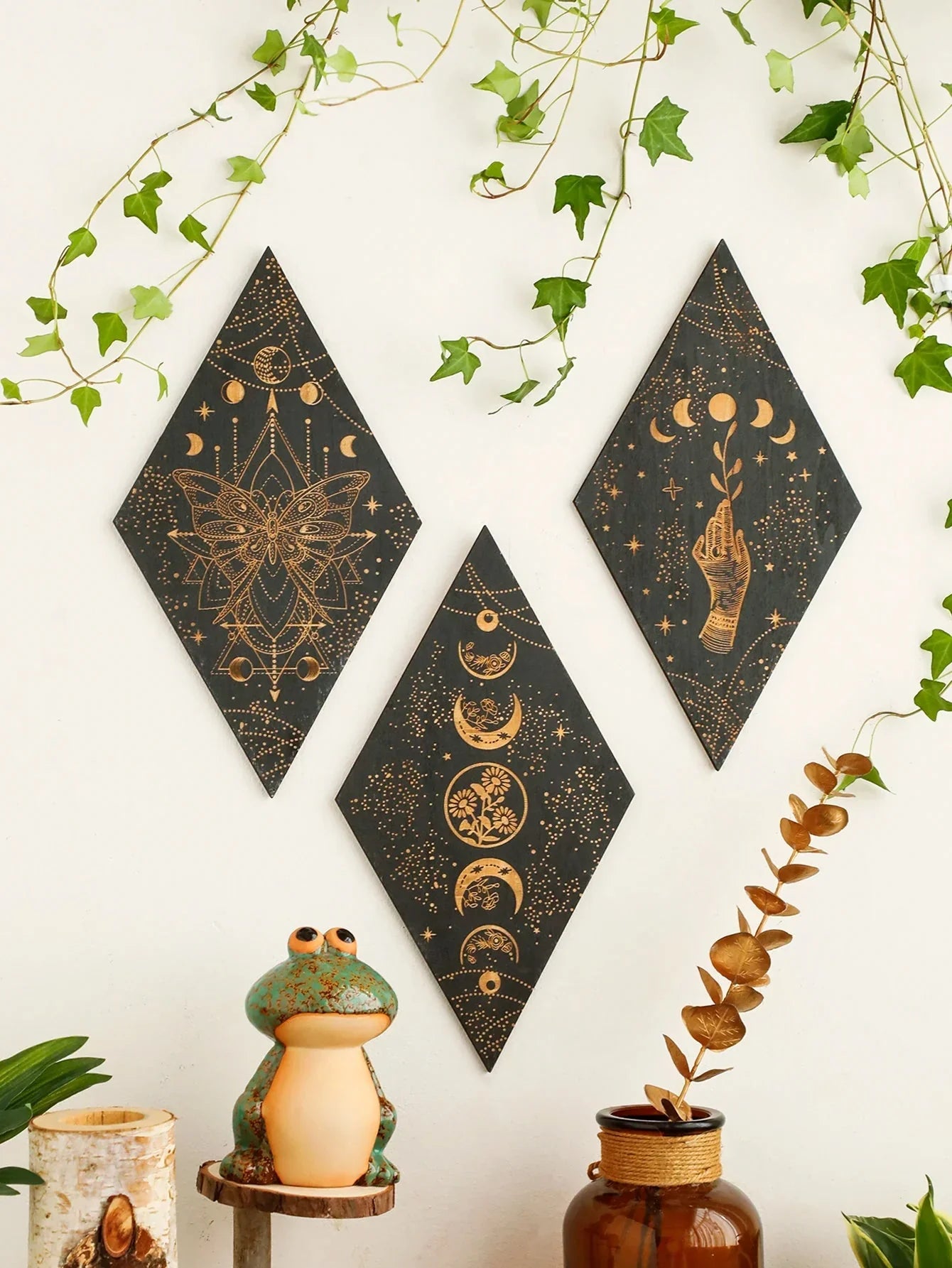 BowLift | Black Moon Phases Wooden Wall Decoration Rhombus Wall Art Boho Home Decor Witch Tapestry Decoration Room Decor Aesthetic Gift