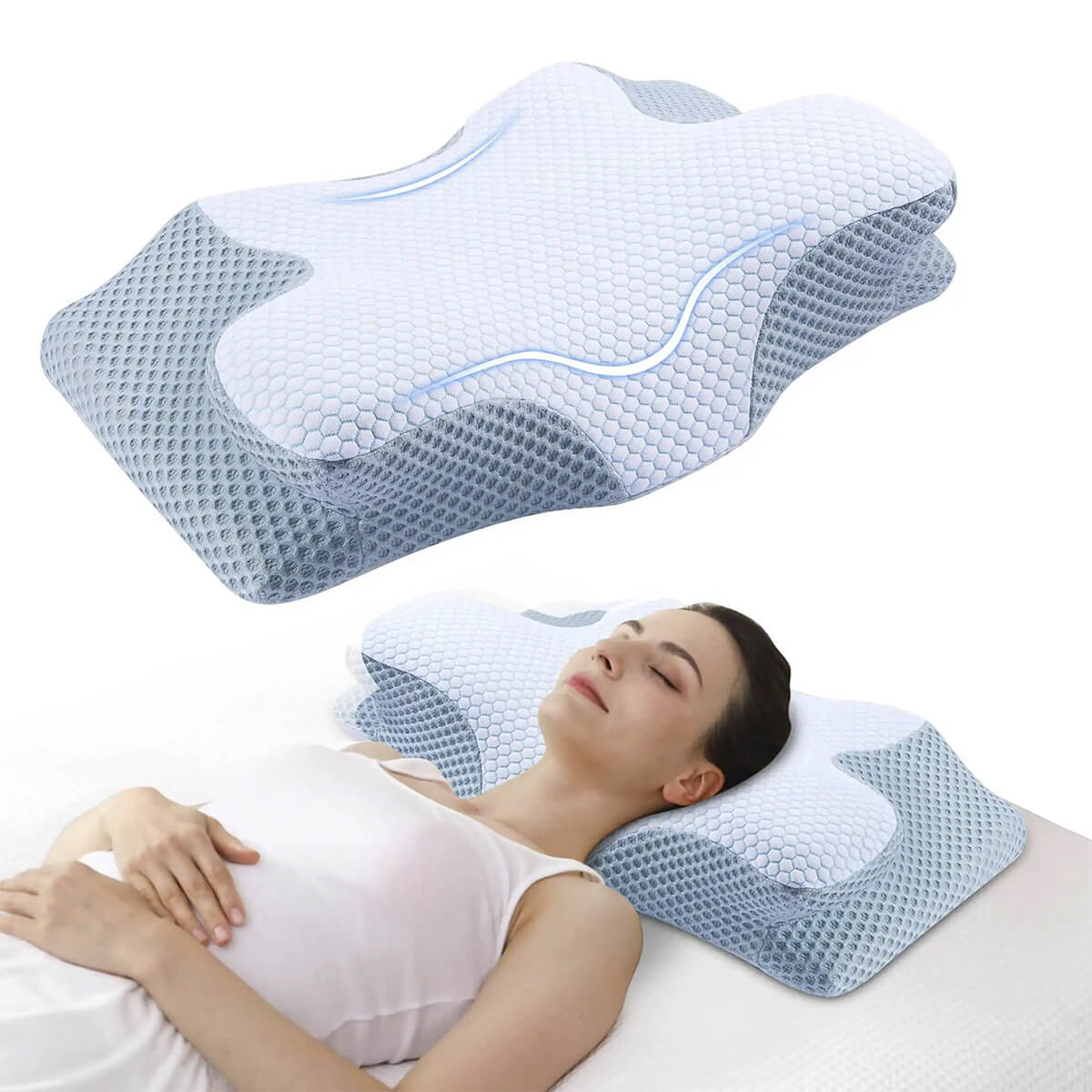 BowLift | Cervical Memory Foam Pillow | Orthopaedic Contour Design with Cooling Cover for Back, Side & Stomach sleepers |  Pillows for back Sleepers