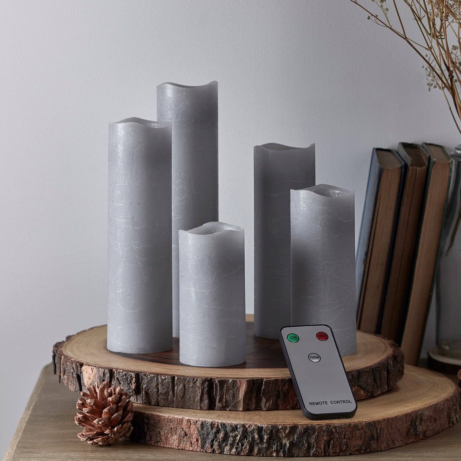 BowLift | 5-piece set pillar candles gray with remote control