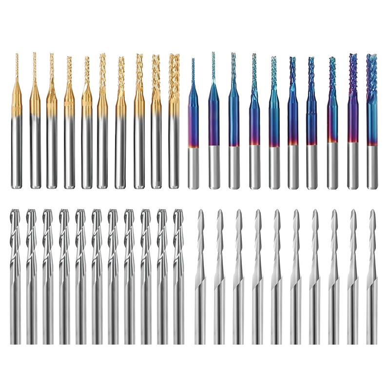 BowLift | End Mills CNC Router Bits 40pcs ,1/8" Shank,CNC Cutter Milling Carving Bit Set Including 2-Flute Flat Nose & Ball Nose End Mill, Nano Blue Coat & Titanium Coat CNC Bits