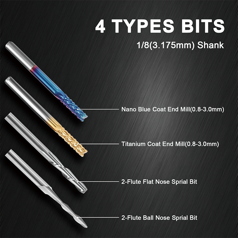 BowLift | End Mills CNC Router Bits 40pcs ,1/8" Shank,CNC Cutter Milling Carving Bit Set Including 2-Flute Flat Nose & Ball Nose End Mill, Nano Blue Coat & Titanium Coat CNC Bits