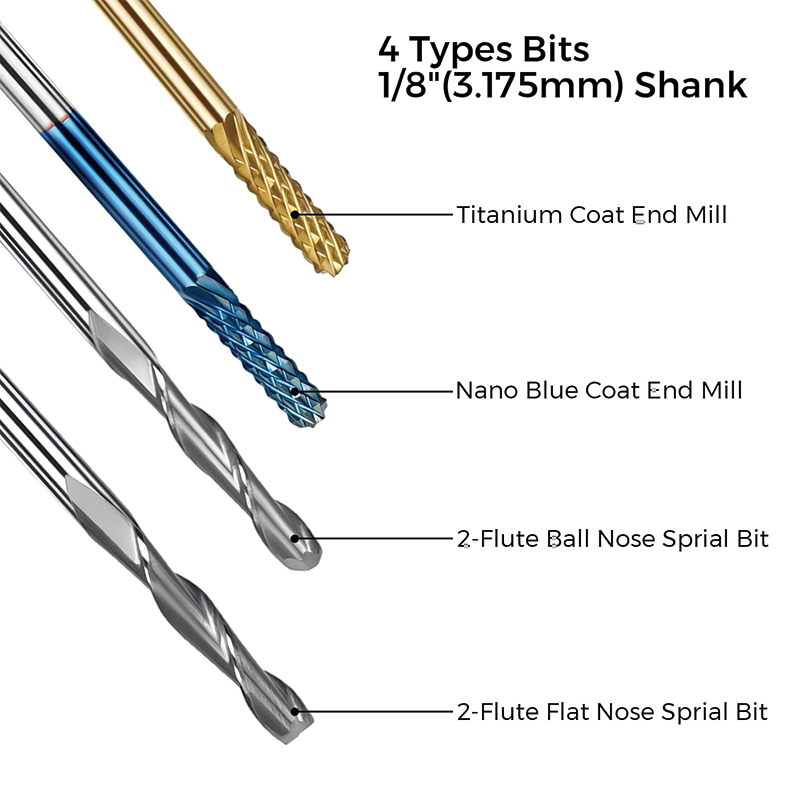 BowLift | End Mills CNC Router Bits Kit,1/8" Shank,Titanium Coat End Mill, Nano Blue Coat End Mill,Set Including 2-Flute Flat Nose & Ball Nose End Mill,CNC Cutter Milling Carving Bit