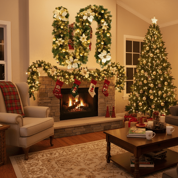 BowLift | Illuminated Christmas garland made of rattan with warm white LED lights, 2.7 m