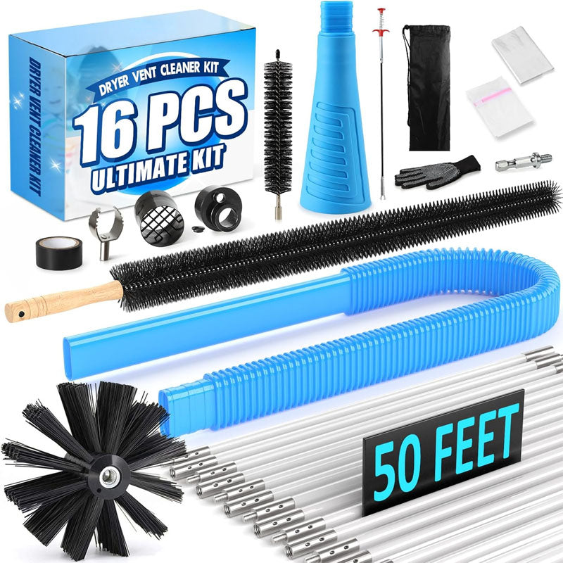 BowLift | 16-Piece 50 Feet All-Round Dryer Vent Cleaning Brushes Kit  with Dryer Vent Brush Vacuum Cleaner Hose Attachment Flexible Lint Trap Brush
