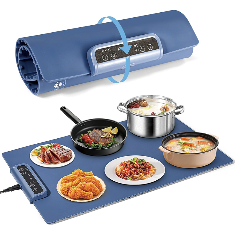 BowLift | Silicone Food Warming Mat, Roll Up Portable Electric Warming Tray with 3 Temperature Settings for Dinner, Catering, House, Parties, Blue