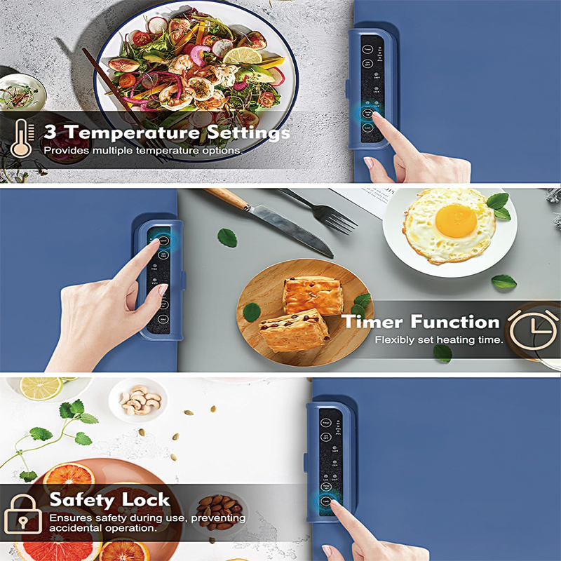 BowLift | Silicone Food Warming Mat, Roll Up Portable Electric Warming Tray with 3 Temperature Settings for Dinner, Catering, House, Parties, Blue