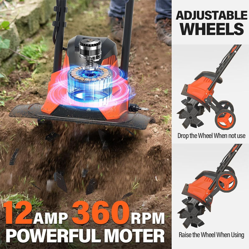 BowLift | 12 Amp Electric Cultivators 14" with Foldable Handle 4 Steel Tines Garden Rototiller with Wheels for Lawn Yard Soil Cultivation