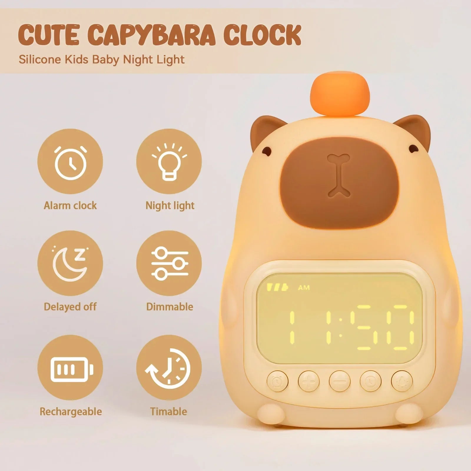 BowLift | Capybara Clock Lamp - Rechargeable Digital Alarm Clock with Night Light & Touch Snooze