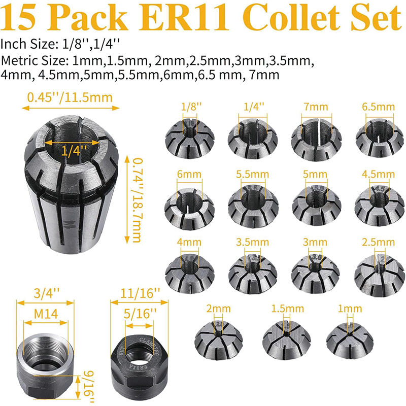 BowLift | 19 Pcs ER11 Collet Set, Thread Collet Clamping Nuts  Precision Spring Collet Set for CNC Engraving Milling Lathe Chuck Tool, 1/4, 1/8