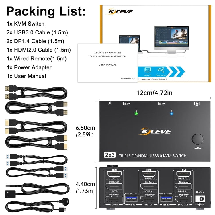 BowLift | KC-KVM203DH 8K 30Hz USB3.0 DP+DP+HDMI Triple Monitors KVM Switch, AU Plug