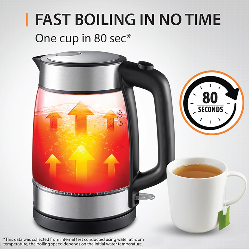 BowLift | 1.7 Liter Glass Electric Kettle LED Indicator, Anti Scale Filter, One Cup in 80 Seconds, 1500 Watts, Fast Boiling, Auto Off, Keep Warm, Cordless